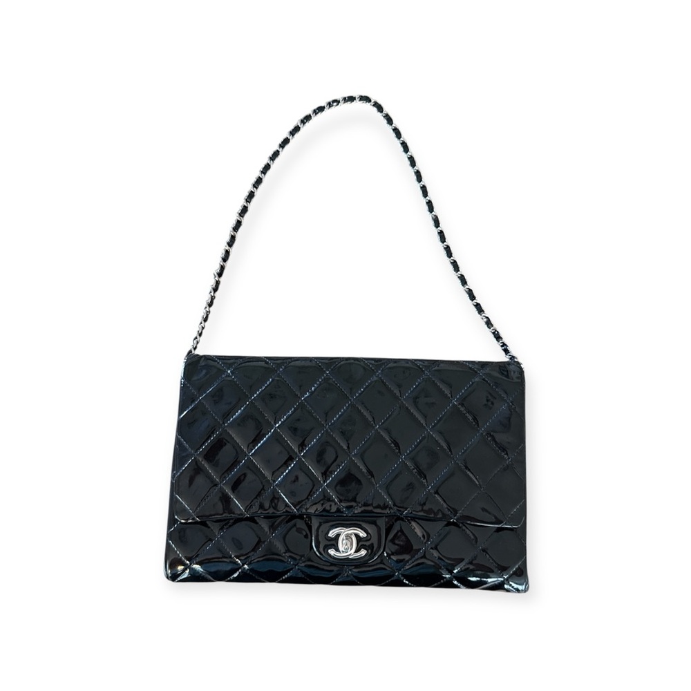 SOLD Chanel Black Quilted Patent Leather Classic Single Flap Bag